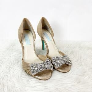 Betsey Johnson Gold Glitter D'Orsay Heels with Rhinestone Bow